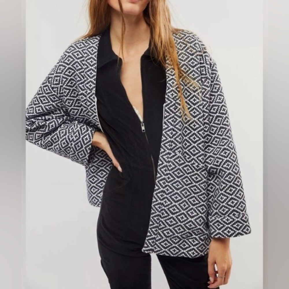 New Free People Lulu Jacquard Geometric Front Tie Jacket Sz Large